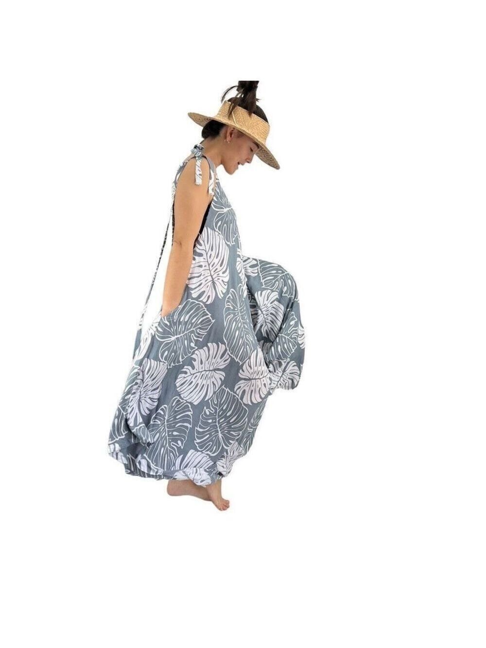 Pōʻalima Gray White Monstera Tropical Boho Wide Leg Beach Romper